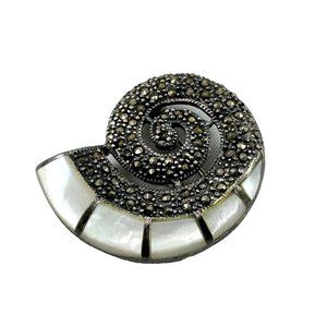 Nautilus Shell Figural Pin Brooch Mother of Pearl Marcasite 925 Sterling Silver